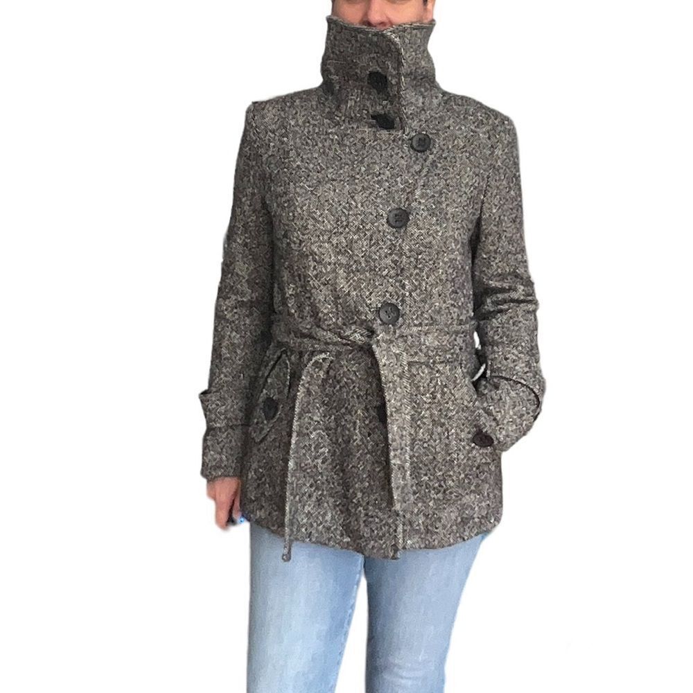 Esprit Gray Tweed Belted Pea Coat Funnel Neck Dark Academia Vintage